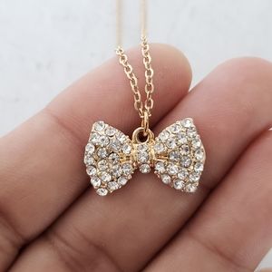 New Rhinestone Bow Pendant Necklace, Gold Plated Charm Necklace, 18"